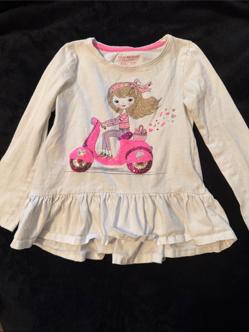 Isaac Mizrahi White Long-Sleeve Ruffle Top with Pink Scooter Girl Graphic